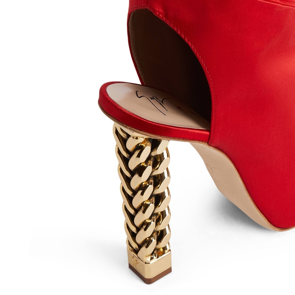 Fire red satin boots.